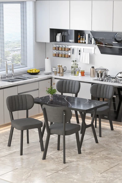 Parla 70x110cm Siyah Mermer Mutfak Masası, Mutfak Masası Takımı, Yemek Masası, 4 Antrasit Sandalye
