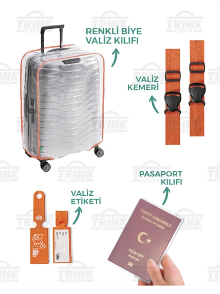Şeffaf Valiz Kılıfı Seti (Valiz Kılıfı-Valiz Kemeri-Valiz Etiketi-Pasaport Kılıfı) Turuncu Biyeli
