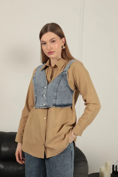 Poplin Kumaş Yelek Detaylı Taba Kadın Gömlek - 2