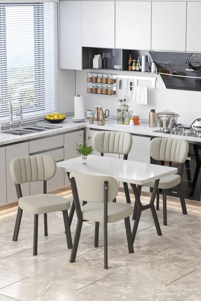 Parla 70x110cm Beyaz Mutfak Masası, Mutfak Masası Takımı, Yemek Masası, 4 Krem Sandalye