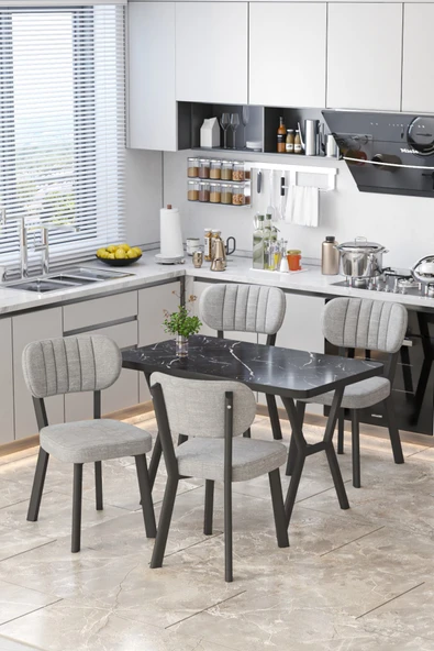 Parla 70x110cm Siyah Mermer Mutfak Masası, Mutfak Masası Takımı, Yemek Masası, 4 Gri Sandalye