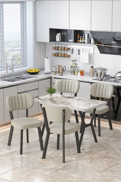 Parla 70x110cm Efes Mutfak Masası, Mutfak Masası Takımı, Yemek Masası, 4 Krem Sandalye