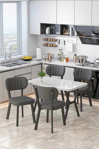 Parla 70x110cm Beyaz Mutfak Masası, Mutfak Masası Takımı, Yemek Masası, 4 Antrasit Sandalye