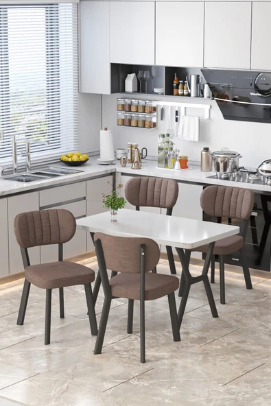 Parla 70x110cm Beyaz Mutfak Masası, Mutfak Masası Takımı, Yemek Masası, 4 Kahverengi Sandalye