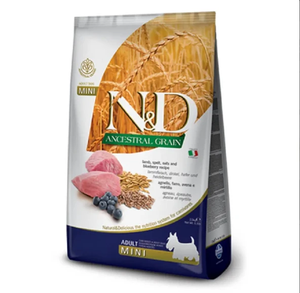 N&D Ancestral Grain Düşük Tahıllı Kuzu Etli ve Yaban Mersinli Mini Adult Köpek Maması 2.5 Kg - 5