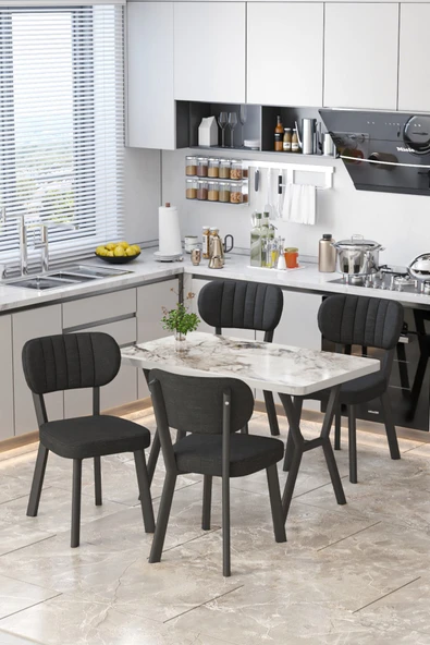 Parla 70x110cm Efes Mutfak Masası, Mutfak Masası Takımı, Yemek Masası, 4 Siyah Sandalye