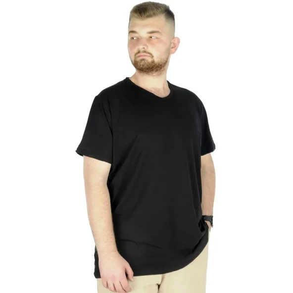 Büyük Beden T-Shirt V Yaka Likralı 20150 Siyah - Resim 2