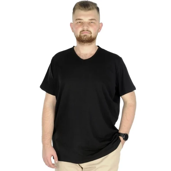Büyük Beden T-Shirt V Yaka Likralı 20150 Siyah ürün görseli 1