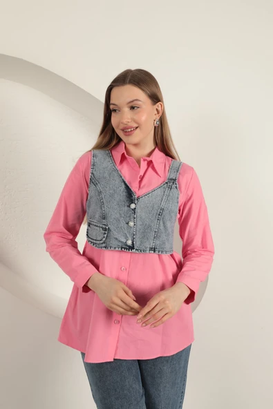 Poplin Kumaş Yelek Detaylı Pembe Kadın Gömlek - 1