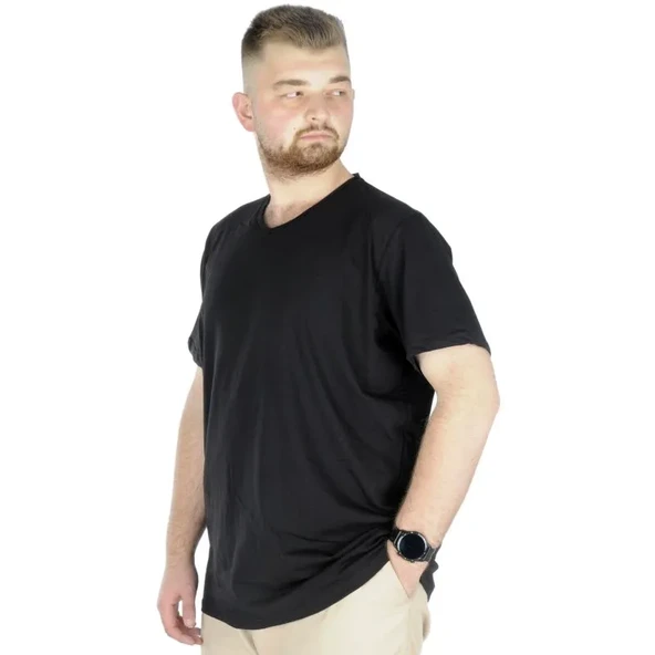 Büyük Beden T-Shirt V Yaka Likralı 20150 Siyah - Resim 3