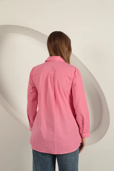 Poplin Kumaş Yelek Detaylı Pembe Kadın Gömlek - 2
