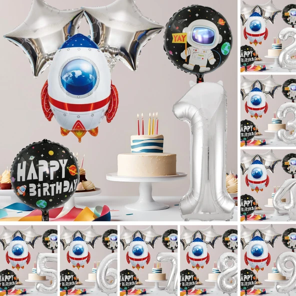 Uzay Temalı Doğum Günü Seti Uzay Mekiği Happy Birthday Yazı Renkli Balonlar Gümüş Folyo Rakam