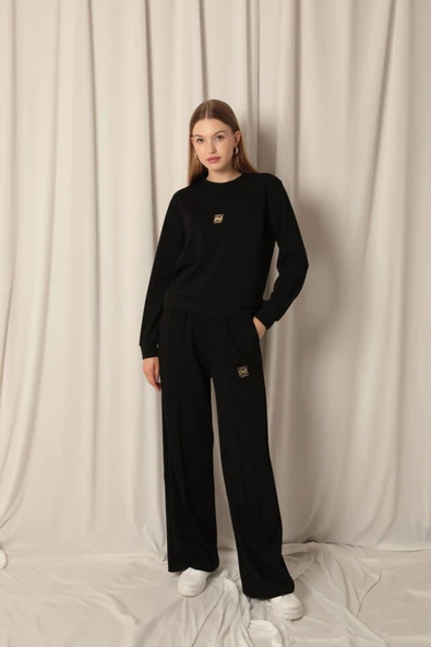 Modal Kumaş Metal Aksesuarlı Kadın Siyah Takım - Resim 2