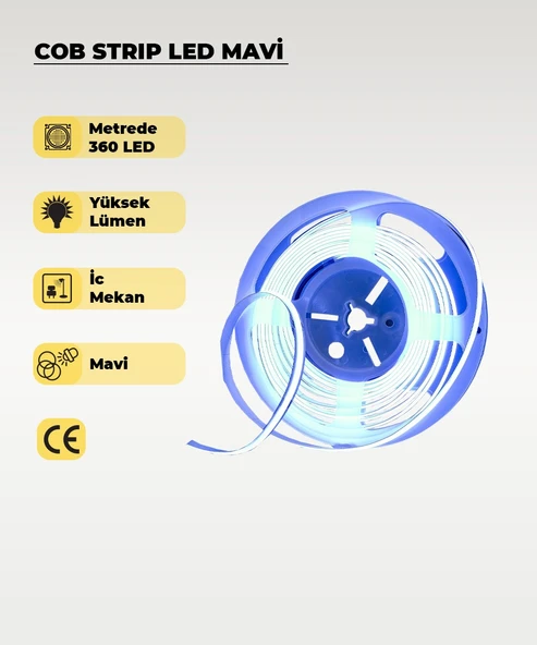 12V COB Şerit Led Mavi Işık  - Metrede 360 Led - 5 Metre - 1