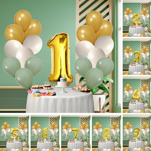 Küf Yeşili Temalı Doğum Günü Seti Metalik Gold Kum Beji Küf Yeşili Balonlar Gold Folyo Rakam