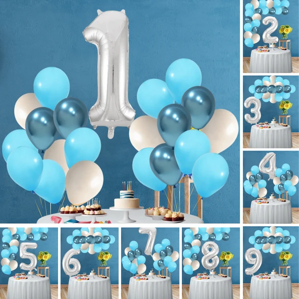 Okyanus Temalı Doğum Günü Seti Krom Mavi Açık Mavi Beyaz Balonlar Gümüş Folyo Rakam