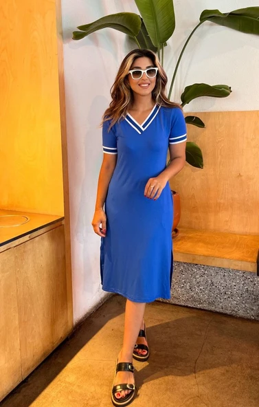 Kadın Kısa Kollu V Yaka Ve Yaka Ribana Detay Midiboy Viskon Elbise - Resim 3