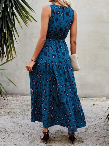 Kadın Kolsuz Bisiklet Yaka Beli Lastikli Desenli Süprem Elbise - Resim 4