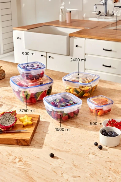 Kare 5 Parça Contalı Vakumlu Sızdırmaz Hava Almaz Saklama Kabı Seti (3750/2400/1500/900/500 Ml) - Resim 2