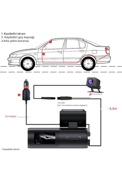 HD 4K 1080P Araç DVR Mırrorlink Çift Lensli Araç Sürüş Kaydedici Araba Kamerası - Resim 7