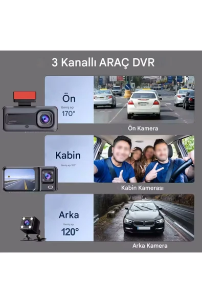 A98 Full Hd 3 Kameralı Araç Içi Güvenlik Kamerası 64gb Uyumlu Ir Gece Görüşü, Ön-arka-iç Kayıt - 2