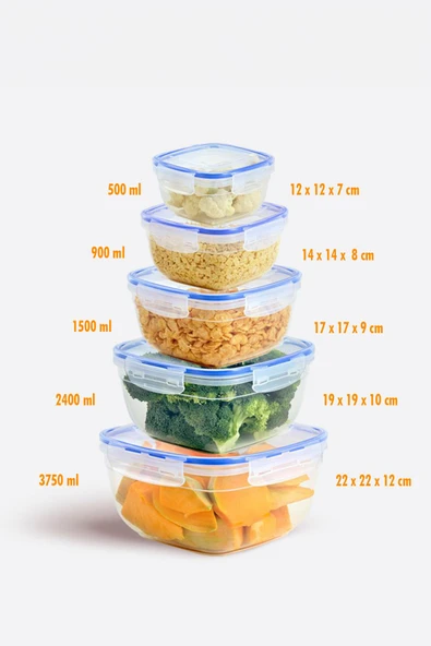 Kare 10 Parça Contalı Vakumlu Sızdırmaz Hava Almaz Saklama Kabı Seti 2x(3750/2400/1500/900/500 ml) - 7