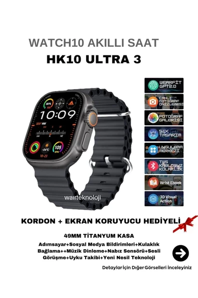 HK10 Ultra 3  ChatGPT Akıllı Saat Amoled Ekran Titanyum Kasa   Ekran Koruyucu + Kordon Hediyeli ürün görseli 1