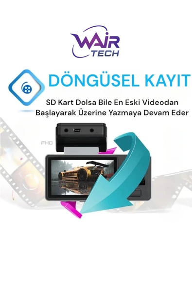 3 Kameralı Wifi li Ekranlı Araç içi Kamerası 1080P HD - Resim 3