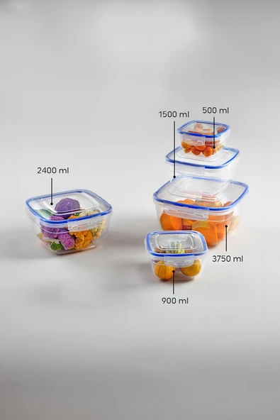 Kare 10 Parça Contalı Vakumlu Sızdırmaz Hava Almaz Saklama Kabı Seti 2x(3750/2400/1500/900/500 ml) - 3
