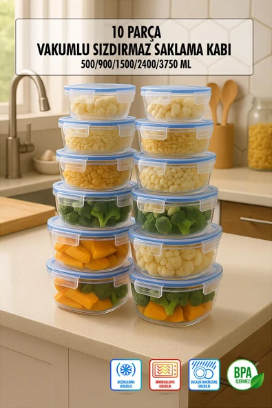Kare 10 Parça Contalı Vakumlu Sızdırmaz Hava Almaz Saklama Kabı Seti 2x(3750/2400/1500/900/500 ml) - 1