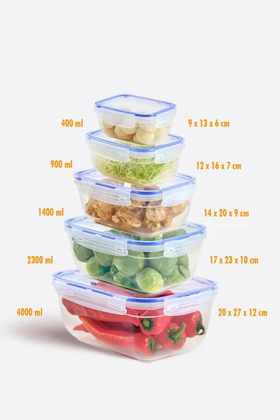 Dikdörtgen 5 Parça Contalı Vakumlu Sızdırmaz Hava Almaz Saklama Kabı Seti (4000/2300/1400/900/400 Ml) - Resim 7