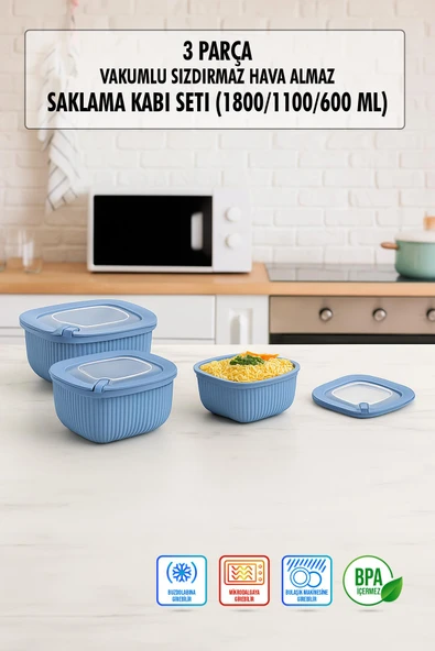 Kare 3 Parça Vakumlu Sızdırmaz Hava Almaz Saklama Kabı Seti Mavi (1800/1100/600 Ml) ürün görseli 1