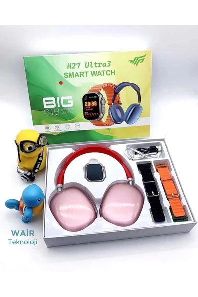 H27 Ultra 3 Akıllı Saat Bluetooth Kulaklık ve 4 Kordon Dahil Kombo  Set 49MM