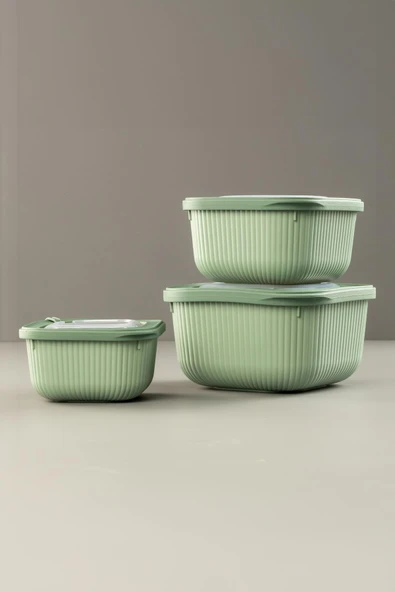 Kare 3 Parça Vakumlu Sızdırmaz Hava Almaz Saklama Kabı Seti Yeşil (1800/1100/600 Ml) - Resim 3