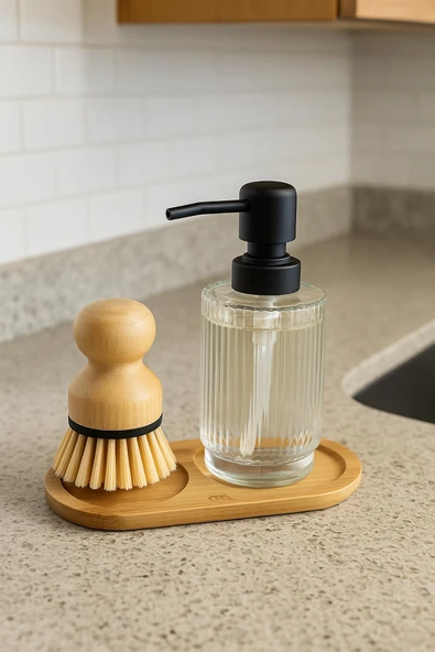 3 Parça Bambu Altlıklı Sabunluk ve Temizlik Fırça Seti - Resim 3