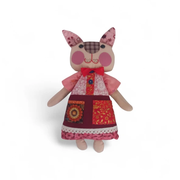 Kedi Hanım Patchwork Kırmızı Yanak Bez Bebek - Resim 2