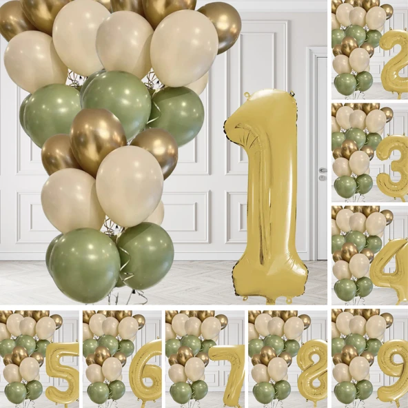 Retro Küf Yeşili Krom Gold Kum Beji Balon Seti Gold Rakam Doğum Günü Balonu Şık Parti Süsleme