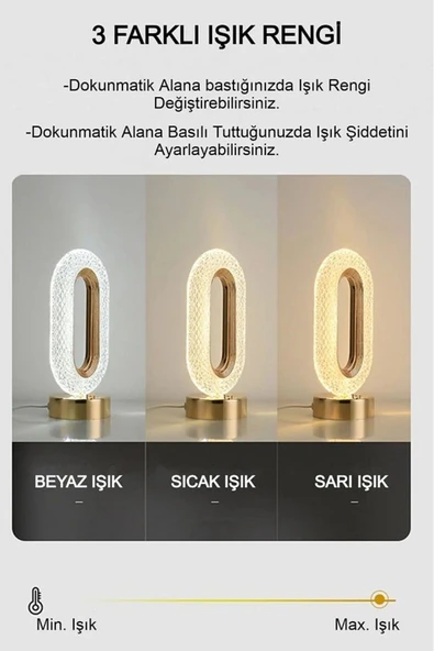 Dekoratif Kristal Şarjlı Yılbaşı Masa Lambası, Gold Led Abajur, Dokunmatik 3 Renk Modu - 2
