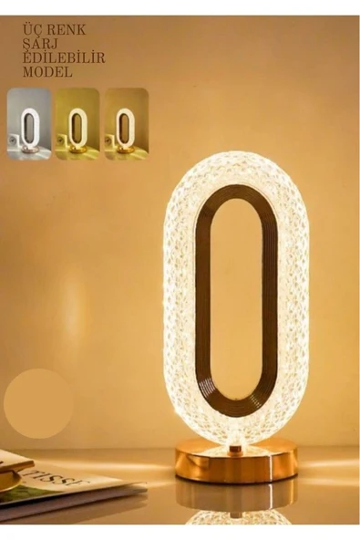 Dekoratif Kristal Şarjlı Yılbaşı Masa Lambası, Gold Led Abajur, Dokunmatik 3 Renk Modu