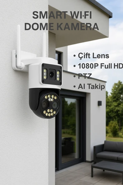 IP66 Su Geçirmez Wi-Fi Güvenlik Kamerası – Çift Lens, Uzaktan Kontrol, Sesli & Işıklı Alarm - 3