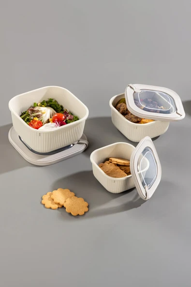 Kare 3 Parça Vakumlu Sızdırmaz Hava Almaz Saklama Kabı Seti Gri (1800/1100/600 Ml) - Resim 2