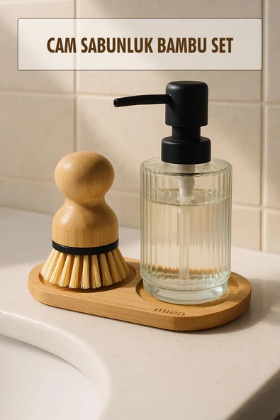 3 Parça Bambu Altlıklı Sabunluk ve Temizlik Fırça Seti ürün görseli 1