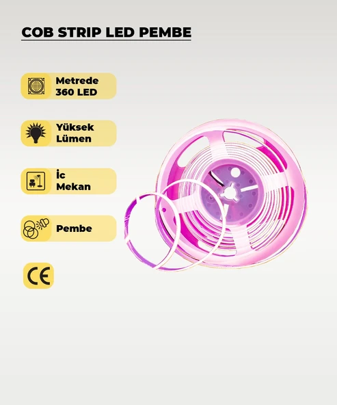 12V COB Şerit Led Pembe Işık  - Metrede 360 Led - 5 Metre - 1