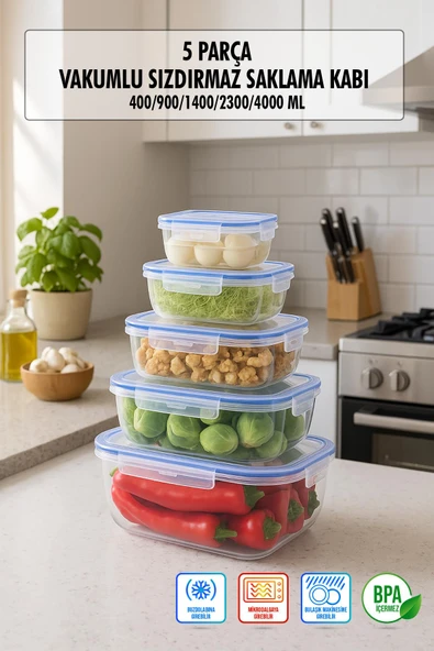 Dikdörtgen 5 Parça Contalı Vakumlu Sızdırmaz Hava Almaz Saklama Kabı Seti (4000/2300/1400/900/400 Ml) ürün görseli 1