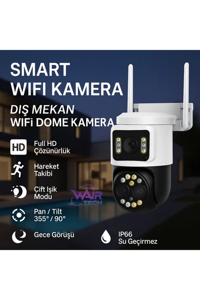 IP66 Su Geçirmez Wi-Fi Güvenlik Kamerası – Çift Lens, Uzaktan Kontrol, Sesli & Işıklı Alarm