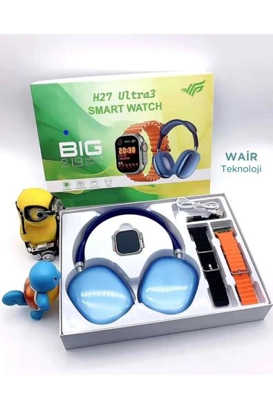 H27 Ultra 3 Akıllı Saat Bluetooth Kulaklık ve 4 Kordon Dahil Kombo Set ürün görseli