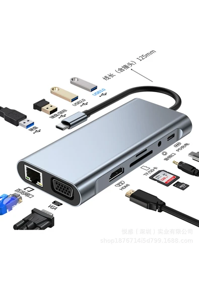 11in1 USB Type-C Hub Port Adaptör Uyumlu, HDMI 4k/30hz, USB Ethernet 100W PD Girişli - Resim 2