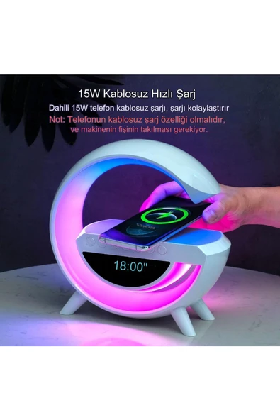 Taşınabilir Kablosuz Hoparlör - G Şekli RGBLİ Işıklı Saatli Temazsız Şarj Standlı Gece Lambası
