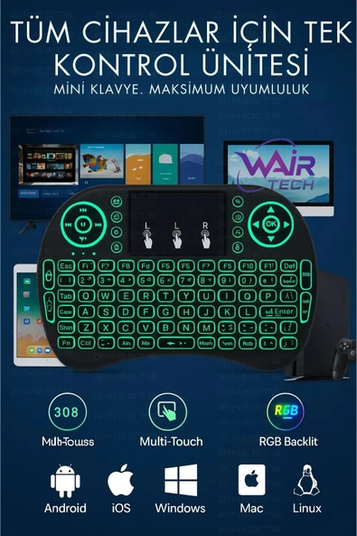 Işıklı Kablosuz Mini Klavye Tv Televizyon Ps3 ps4 ps5 Uyumlu Dokunmatik Mouse