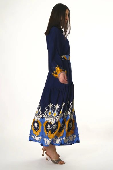 Abbra Kadın Hakim Yaka Önü Düğmeli Kemerli %100 Viskon Yazlık Elbise - 10